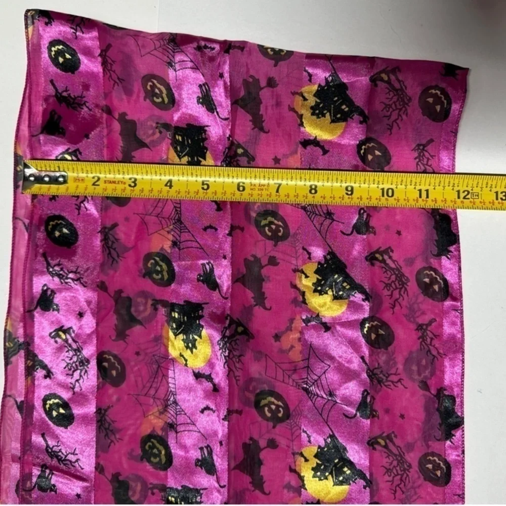 Purple Satin Halloween Scarf Witch Pumpkin Cat Bat Web 61x11.75” Rectangle